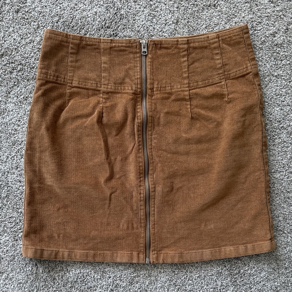 Corduroy Front-Zip Mini Skirt in Brown